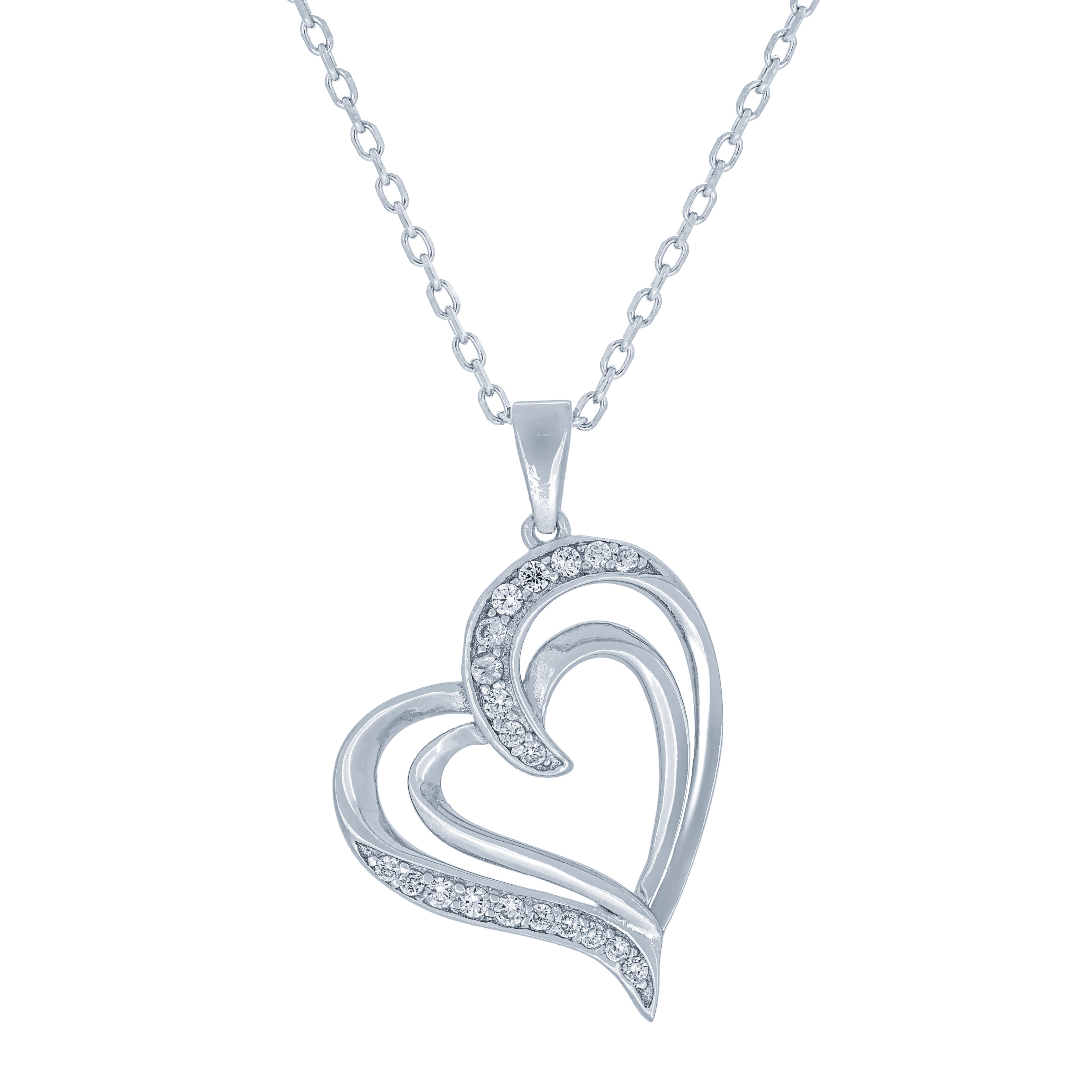 (100119) White Cubic Zirconia Heart Pendant Necklace In Sterling Silver
