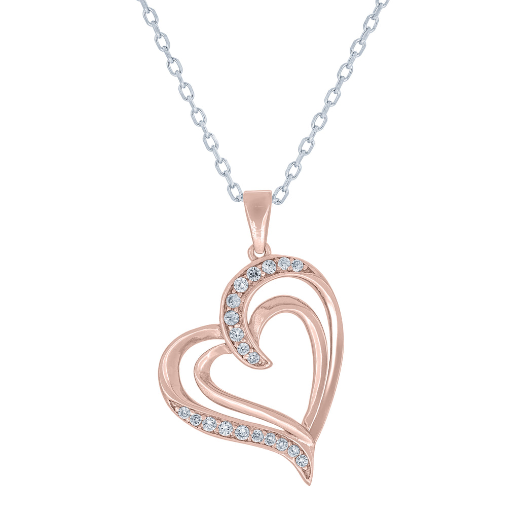 (100119A) White Cubic Zirconia Heart Pendant Necklace In Sterling Silver and Rose Gold Plate
