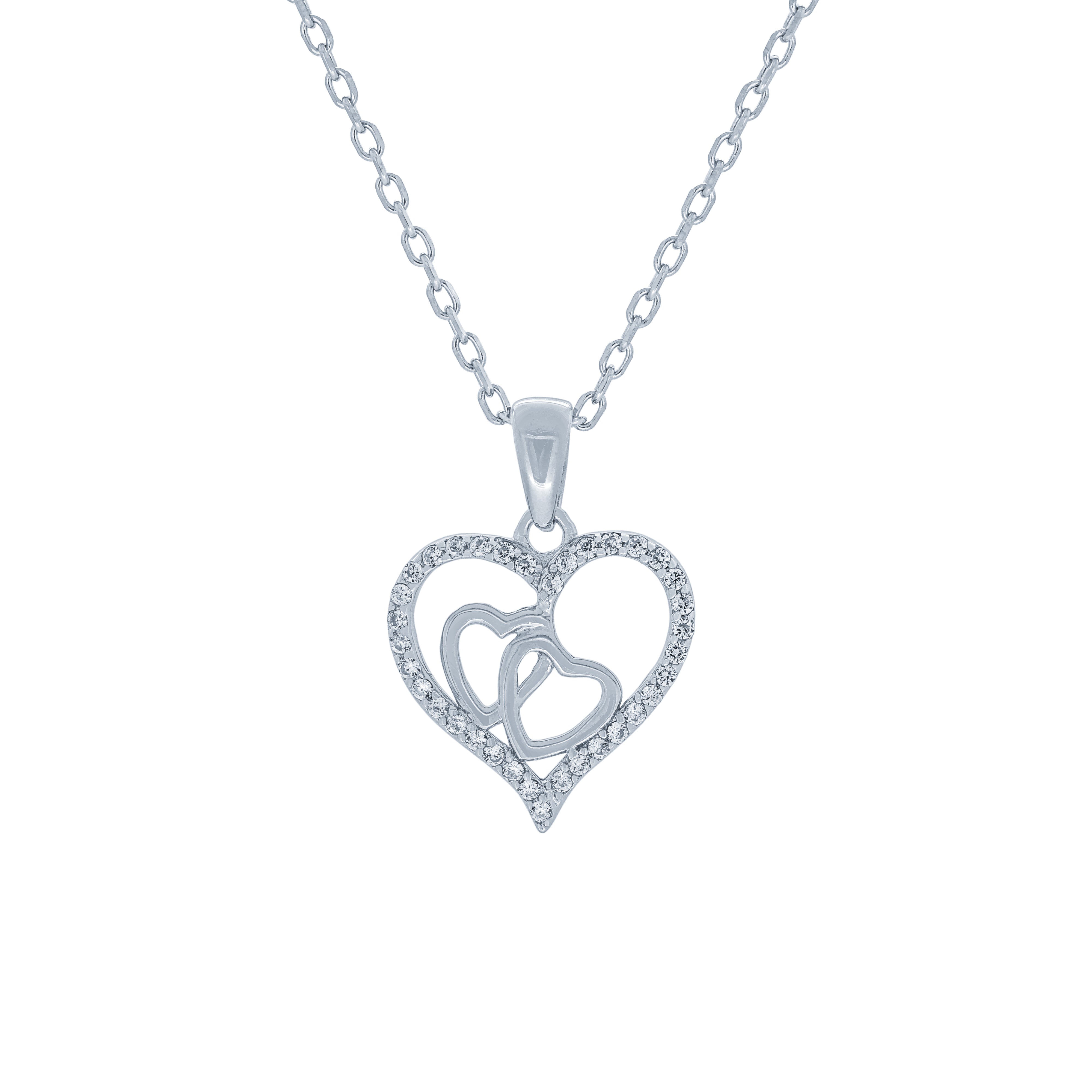 (100144) White Cubic Zirconia Heart Pendant Necklace In Sterling Silver