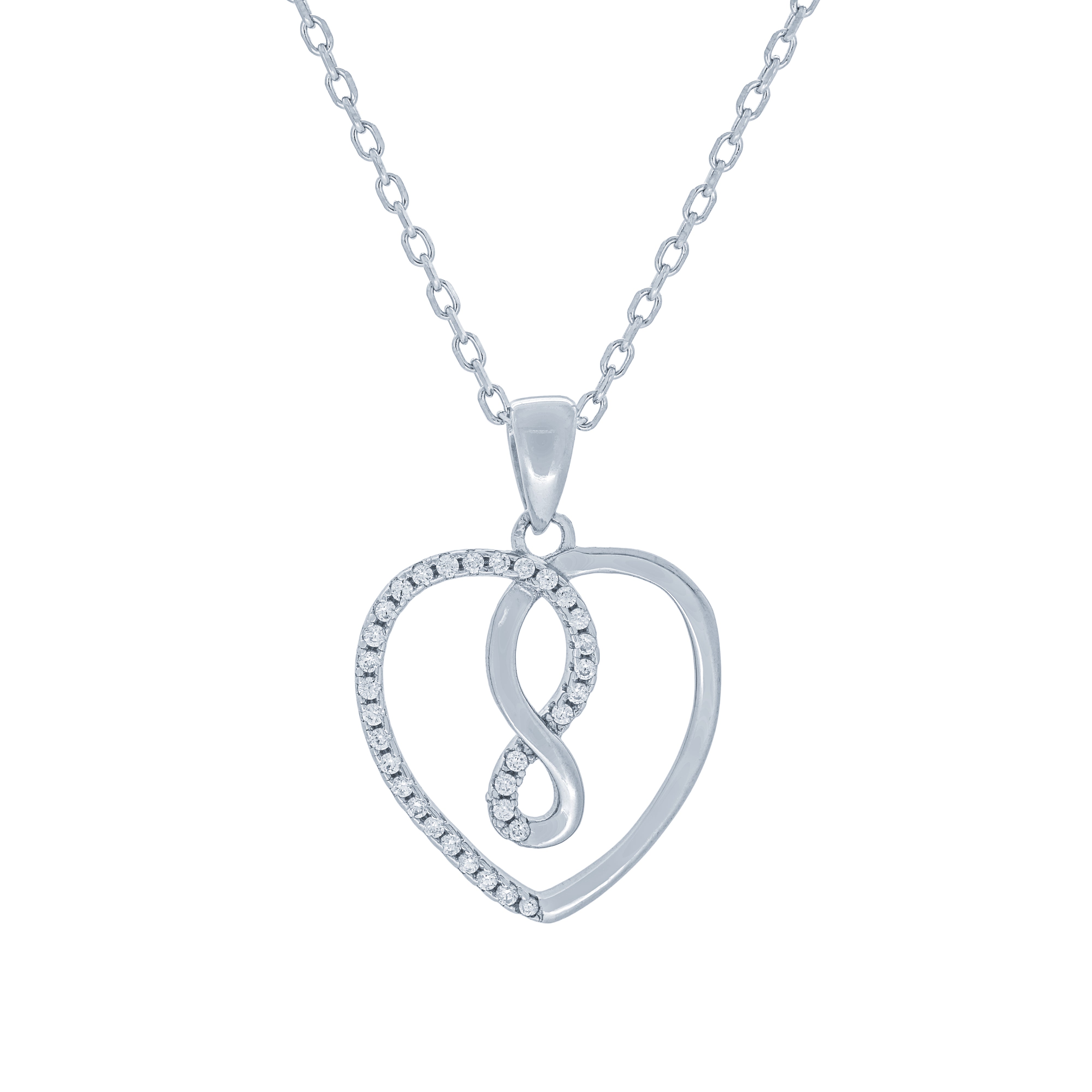 (100145) White Cubic Zirconia Infinity Heart Pendant Necklace In Sterling Silver