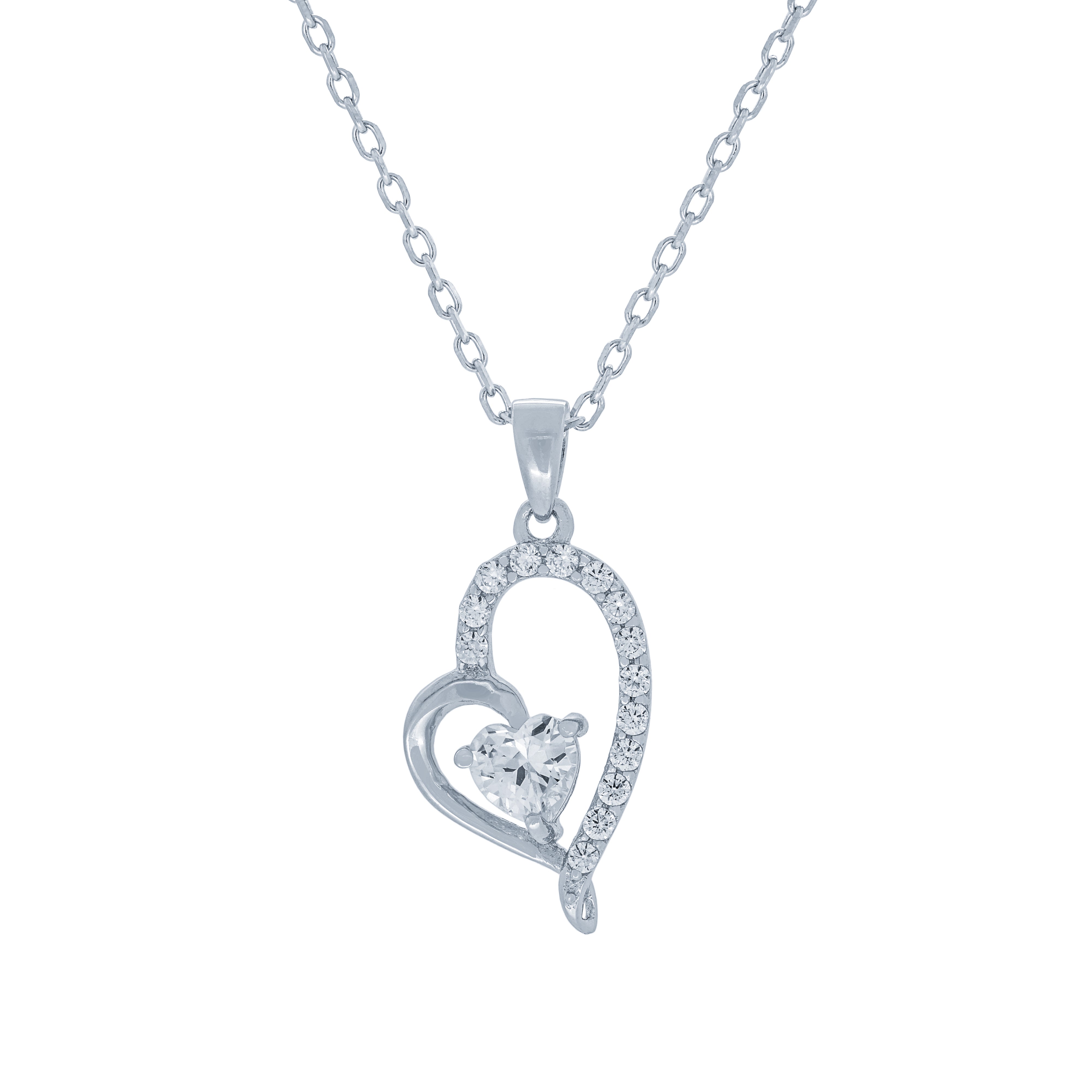 (100146) White Cubic Zirconia Heart Pendant Necklace In Sterling Silver