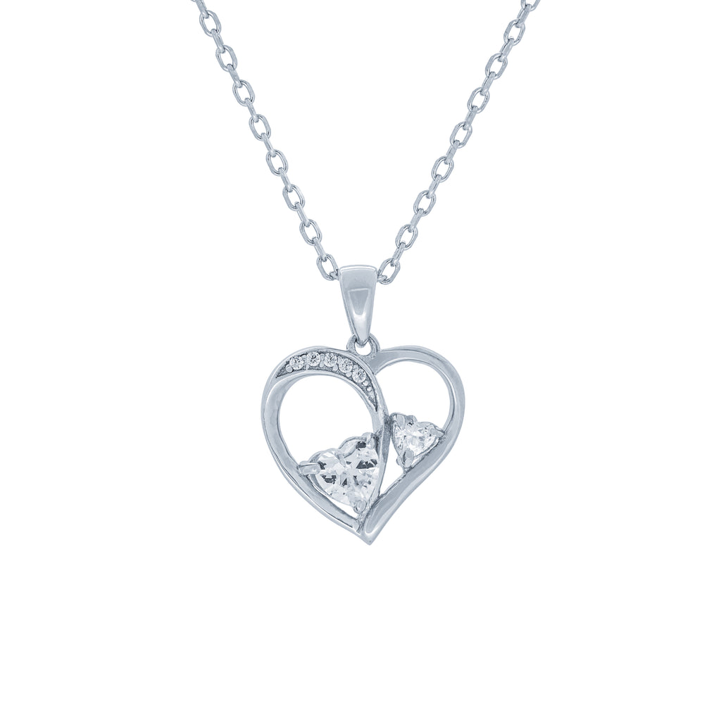 (100147) White Cubic Zirconia Heart Pendant Necklace In Sterling Silver