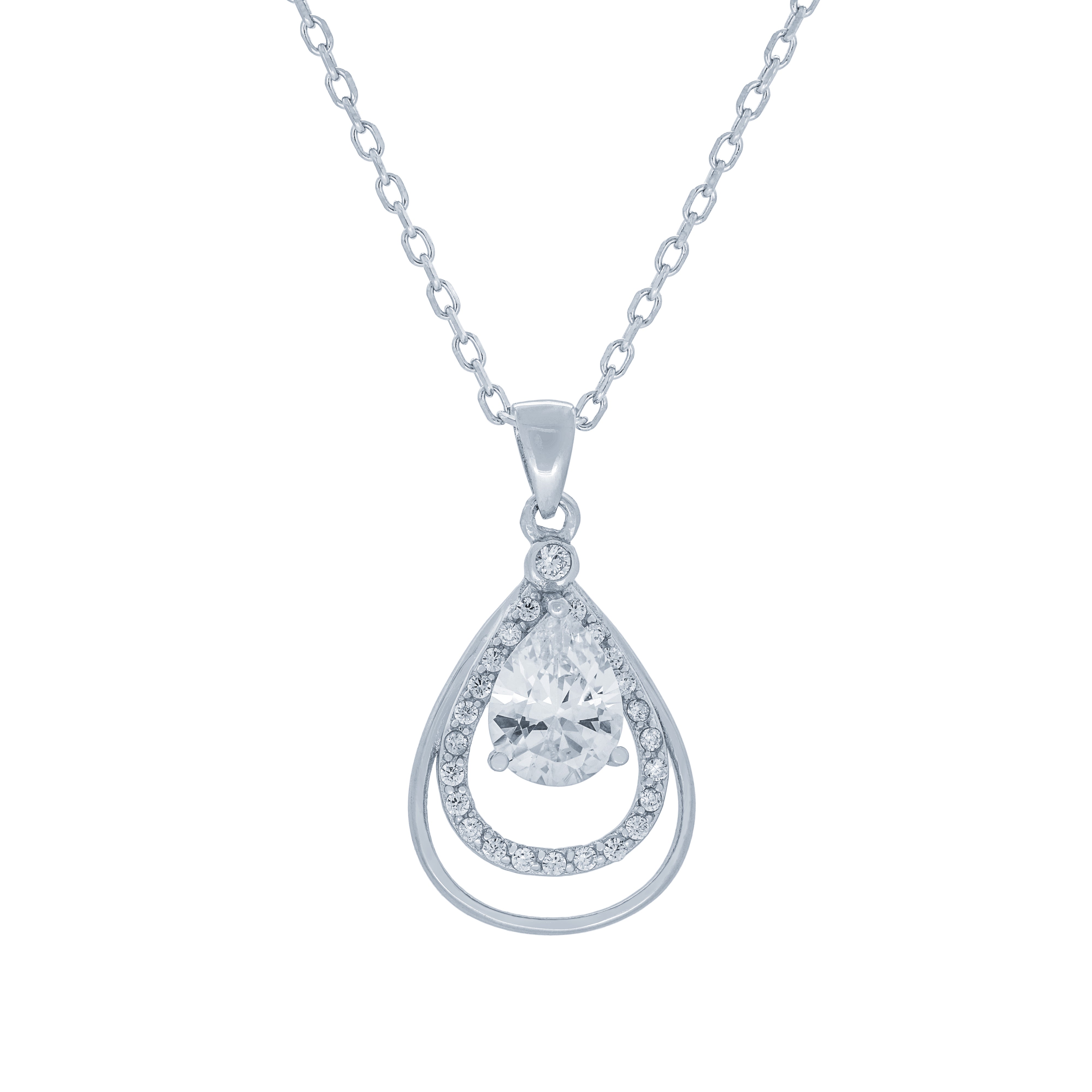 (100148) White Cubic Zirconia Drop Pendant Necklace In Sterling Silver