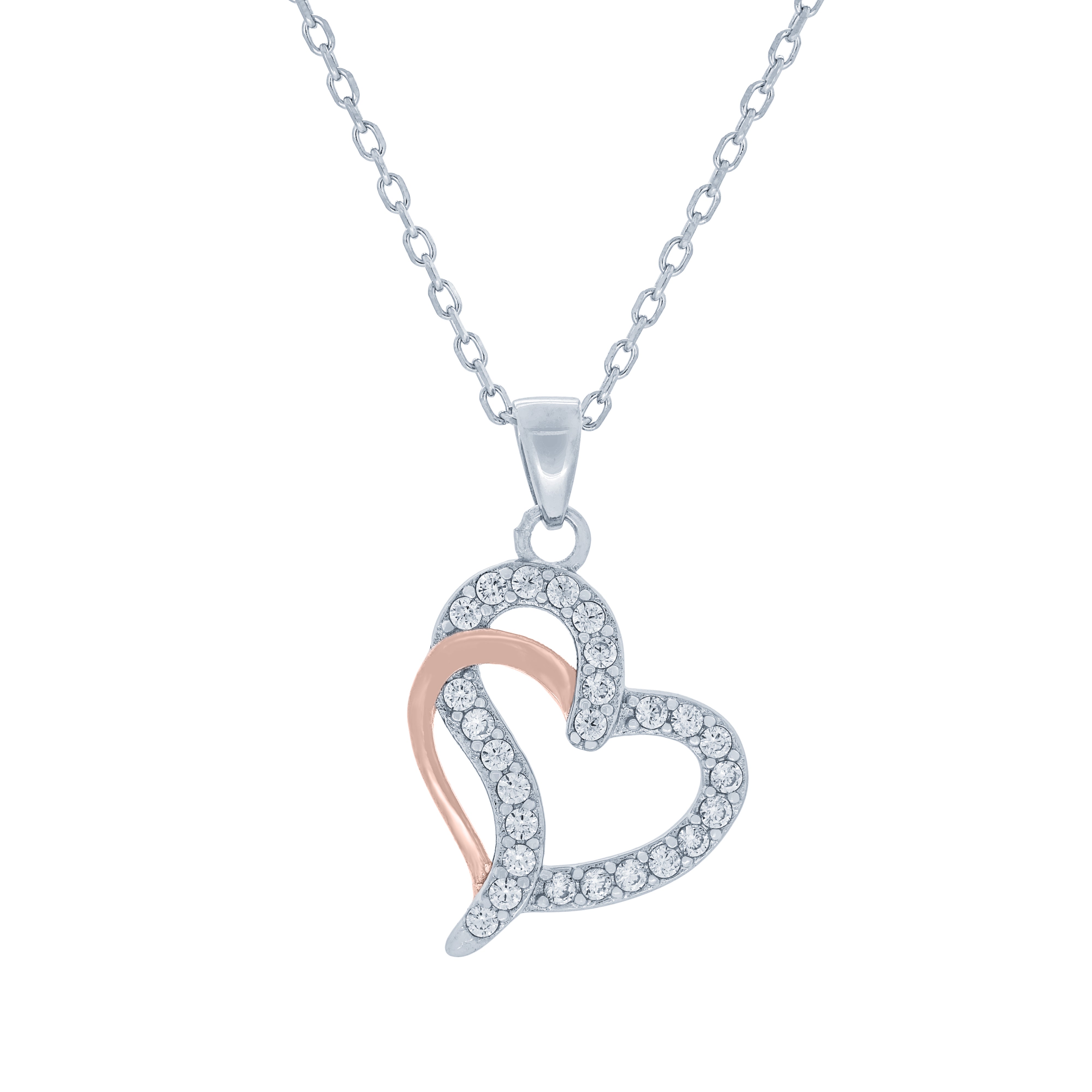 (100150) White Cubic Zirconia Heart Pendant Necklace In Sterling Silver and Rose Gold Plate