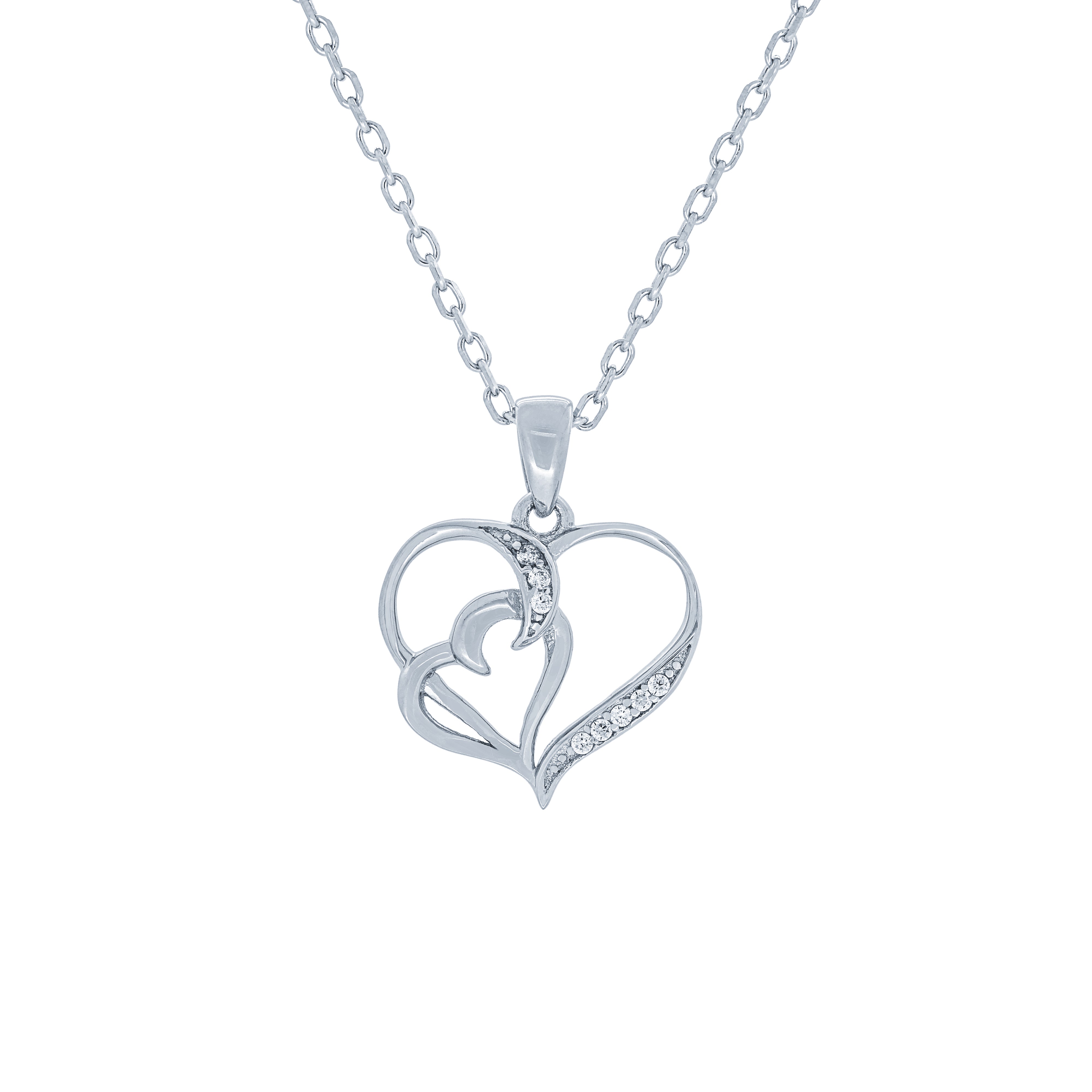 (100151) White Cubic Zirconia Heart Pendant Necklace In Sterling Silver