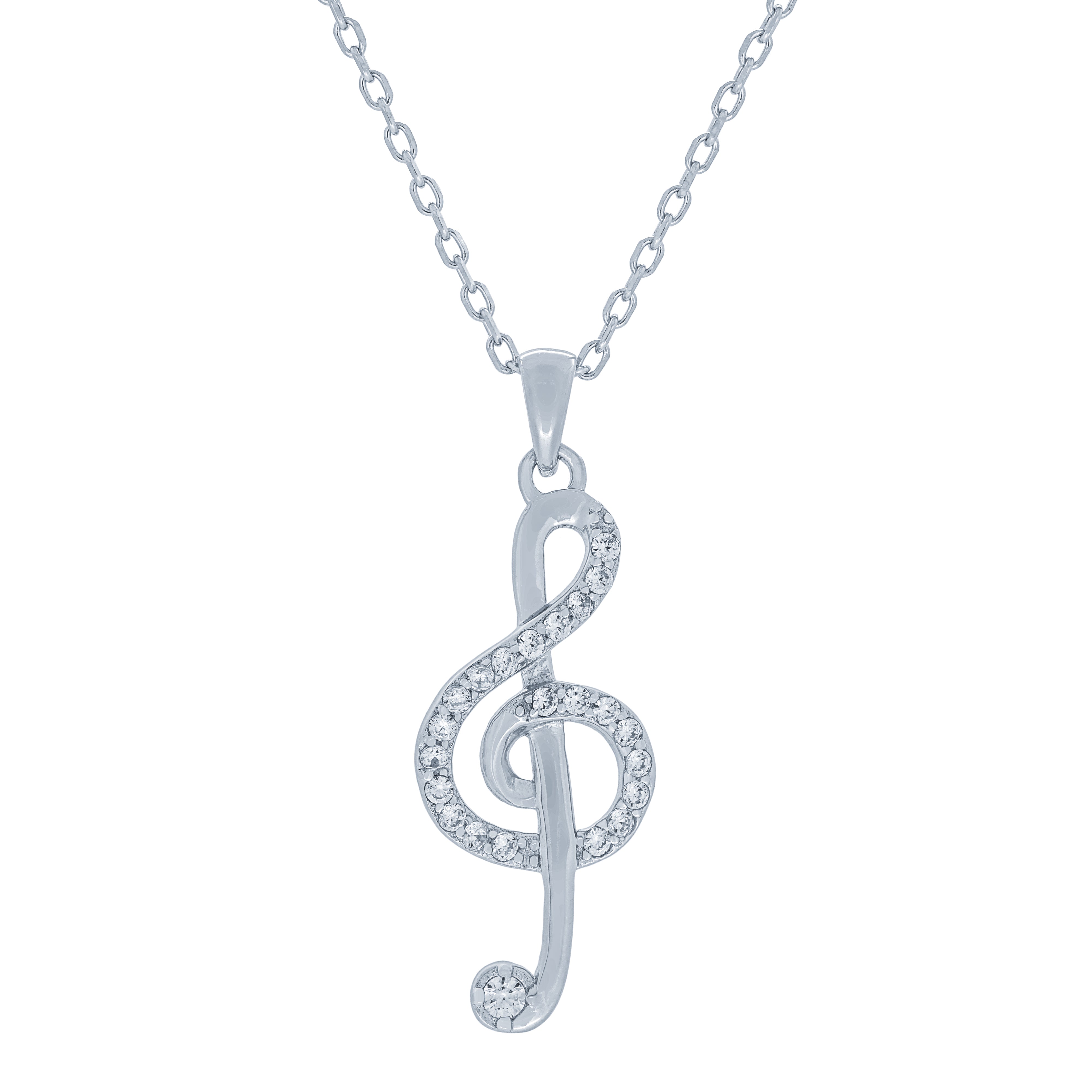 (100152) White Cubic Zirconia Treble Clef Pendant Necklace In Sterling Silver