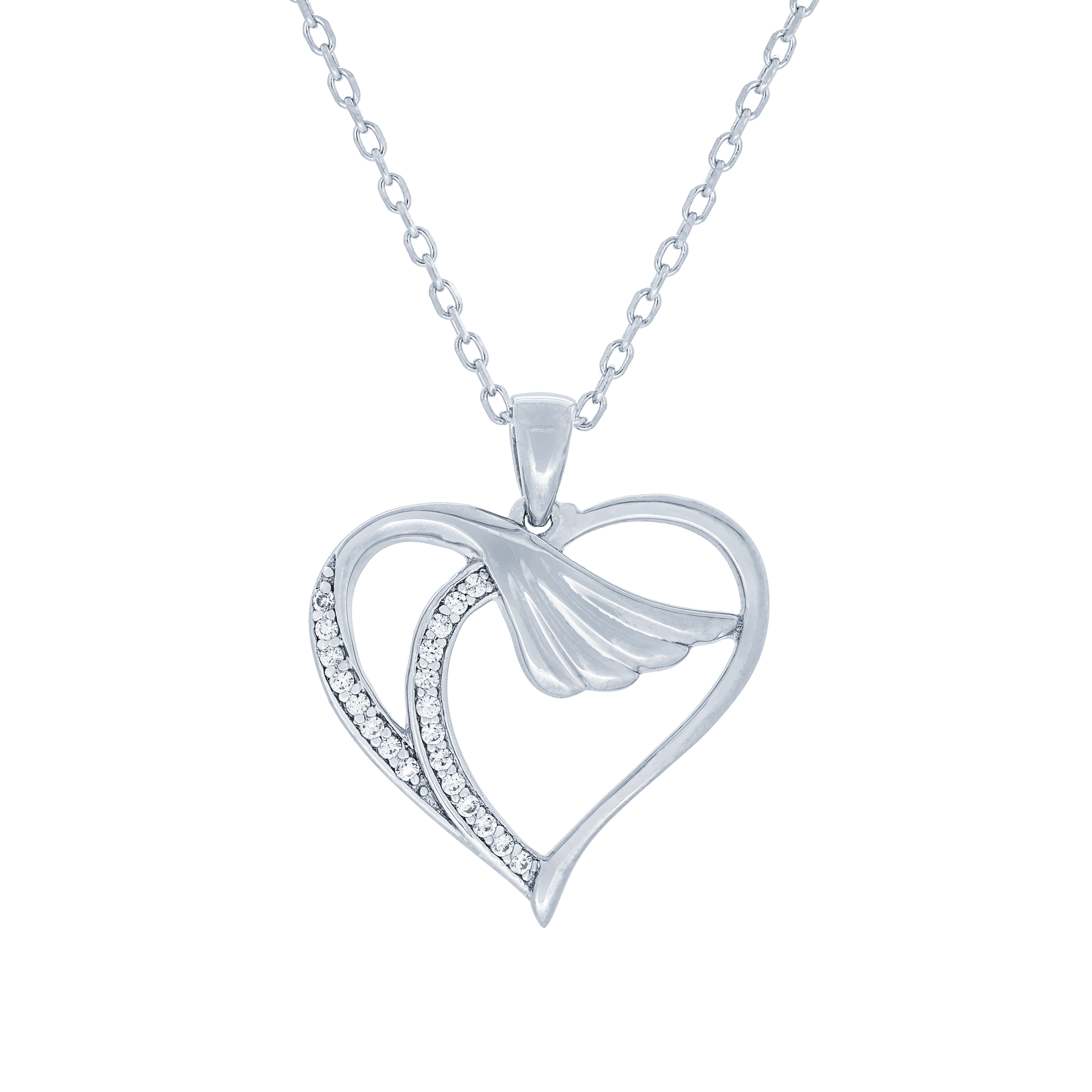 (100155) White Cubic Zirconia Heart Wing Pendant Necklace In Sterling Silver