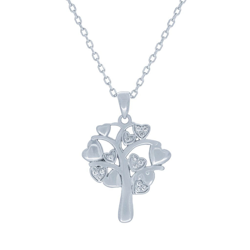 (100156) White Cubic Zirconia Tree Of Life Heart Pendant Necklace In Sterling Silver