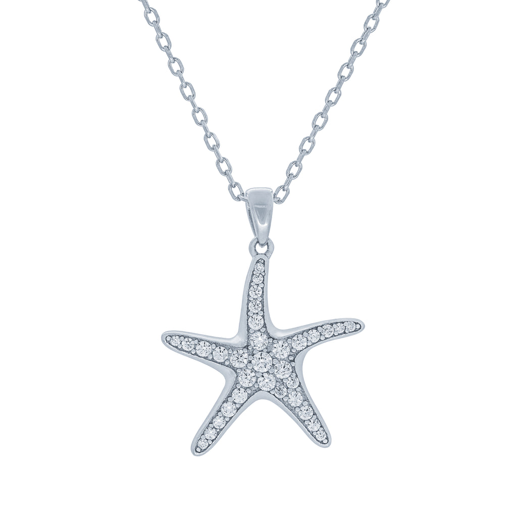 (100157) White Cubic Zirconia Sea Star Pendant Necklace In Sterling Silver