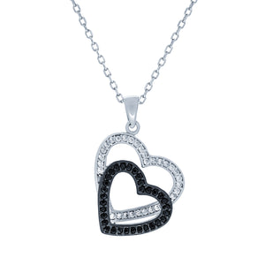 (100160) White & Black Cubic Zirconia Heart Pendant Necklace In Sterling Silver