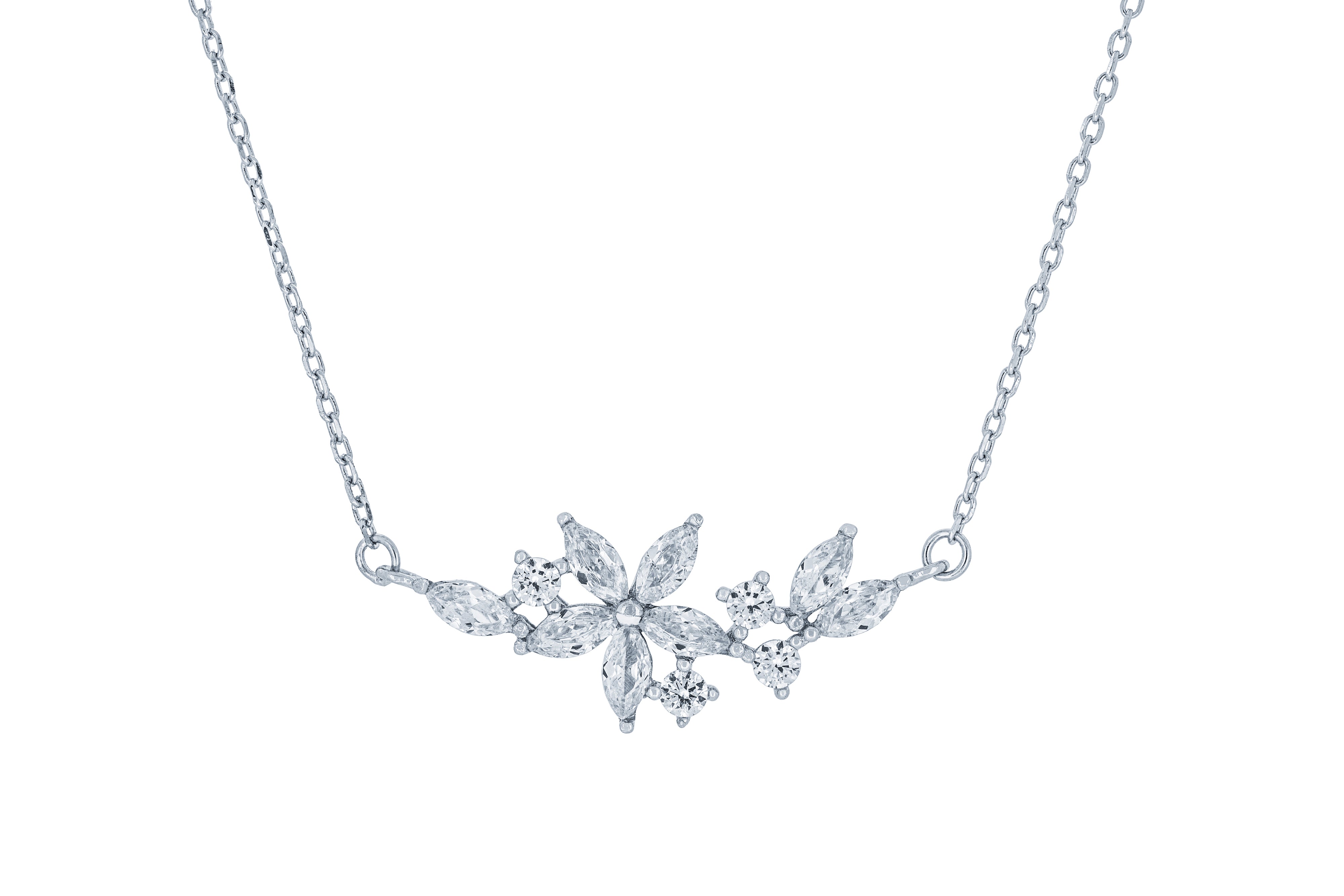 (100166) White Cubic Zirconia Flower Necklace In Sterling Silver
