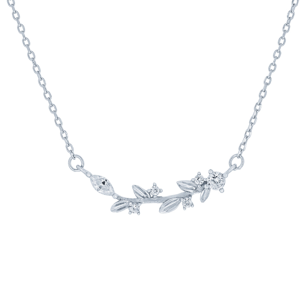 (100169) White Cubic Zirconia Leaf Necklace In Sterling Silver