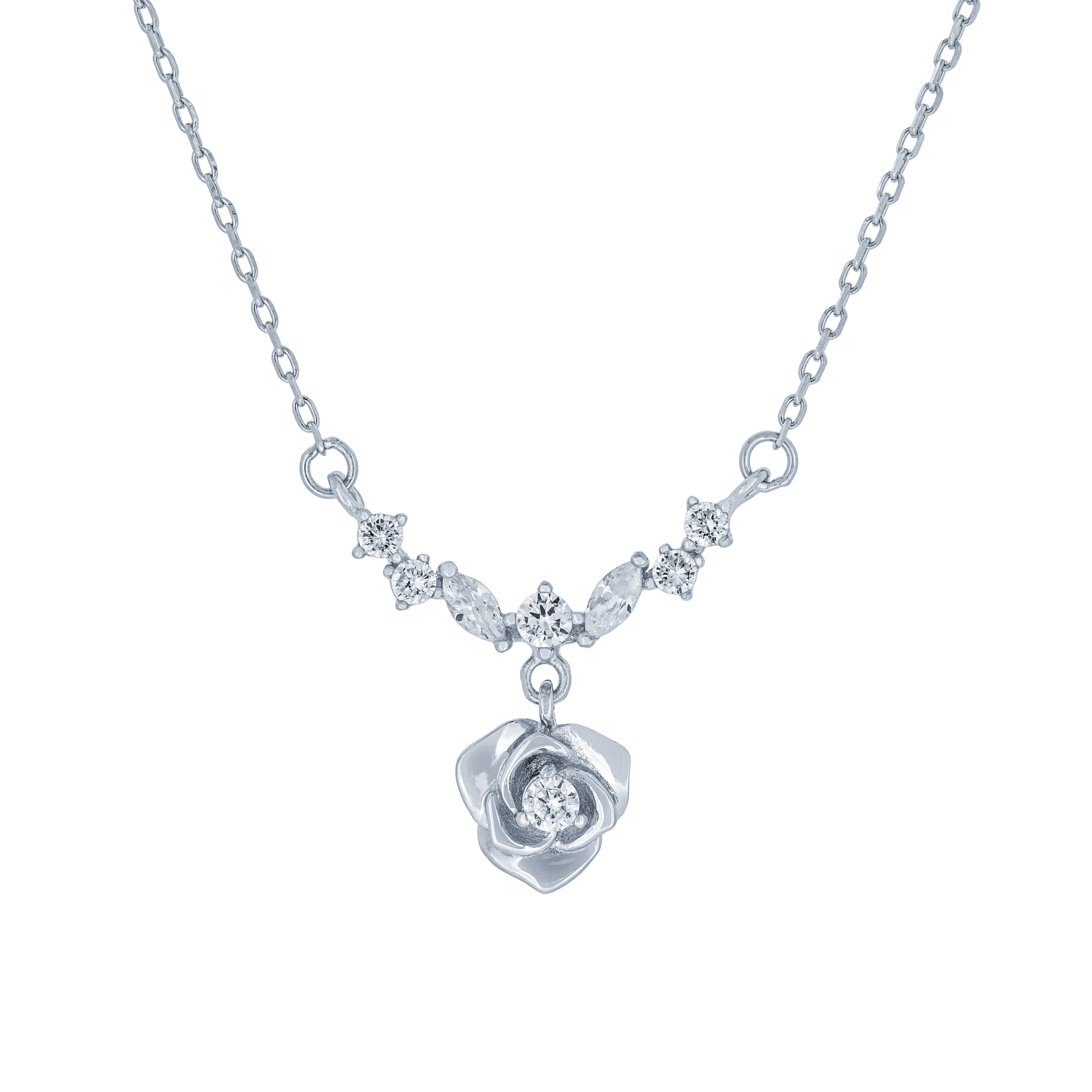 (100172) White Cubic Zirconia Flower Necklace In Sterling Silver